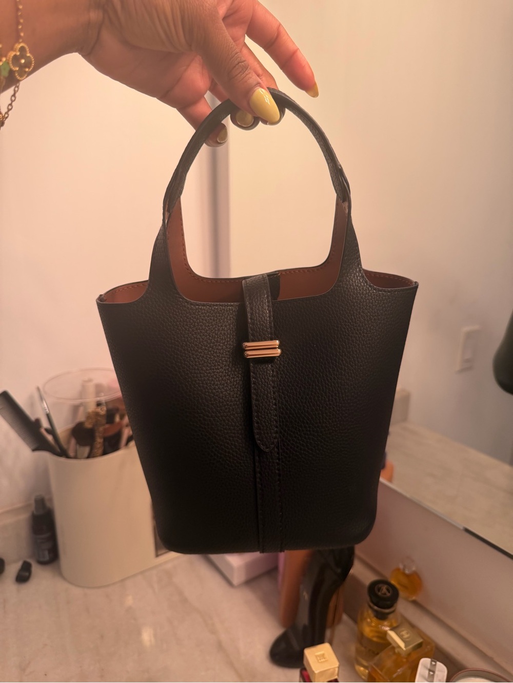 Black Leather Mini Tote Bag with Gold Accent